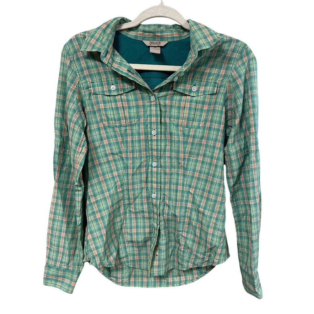 Duluth Trading Co Womens XS Teal Green Plaid Long Sleeve Button Up Shirt